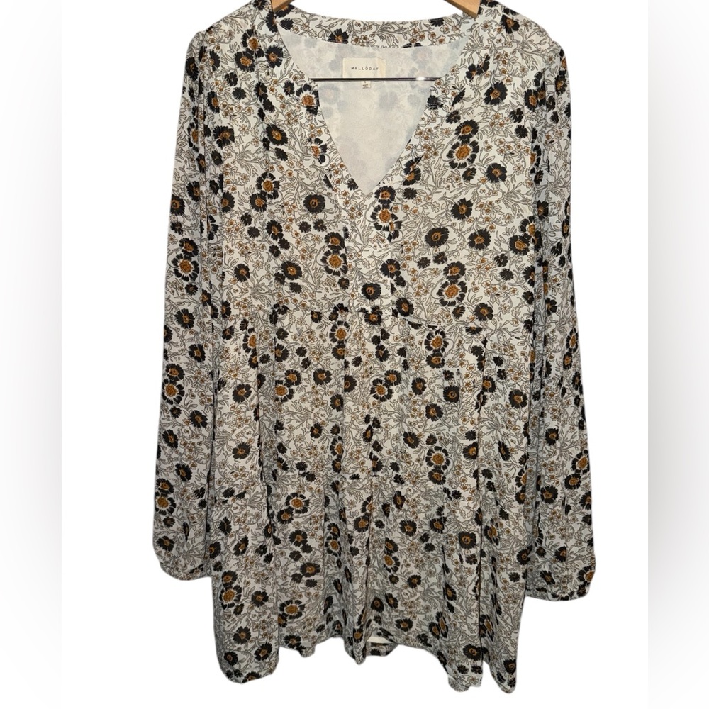 Melloday Floral Tunic Length Long Sleeve V-Neck Blouse Top Shirt Dress Sz Large